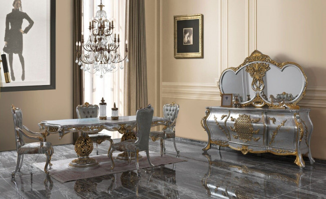 Jídelní skupina Jídelna Jídelní stůl židle Dřevo Sada 11ks Šedá Baroko Kredenc