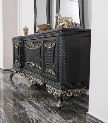 Jídelní skupina jídelna Jídelní stůl židle Dřevo Sada 12 kusů šedá Baroko Jídelní skříň