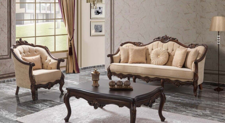 Čalouněná sedací souprava Chesterfield Garnitur, látková sedací souprava Beige Set.