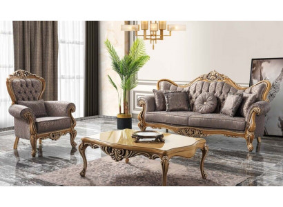 Chesterfield sedací souprava tříčlenná židle látkový stůl šedý gauč