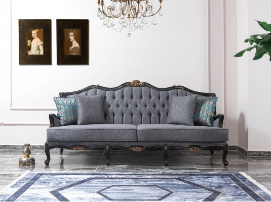 Chesterfield sofa set three-seater armchair fabric coffee table blue new