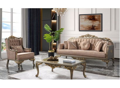 Chesterfield sedací souprava třímístná křeslo látkový stojan Beige Nový