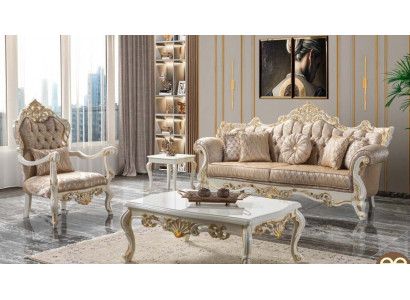 Sofa set, sada potahovaného nábytku, Chesterfield luxusní látková pohovka béžová