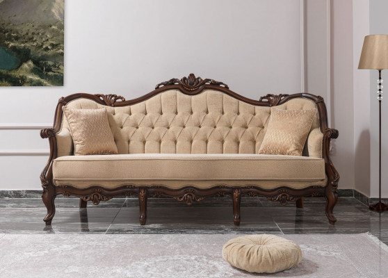 Polstrovaná sedačka Pohovka Sedací souprava Gauč Látěná pohovka Beige Chesterfield Set