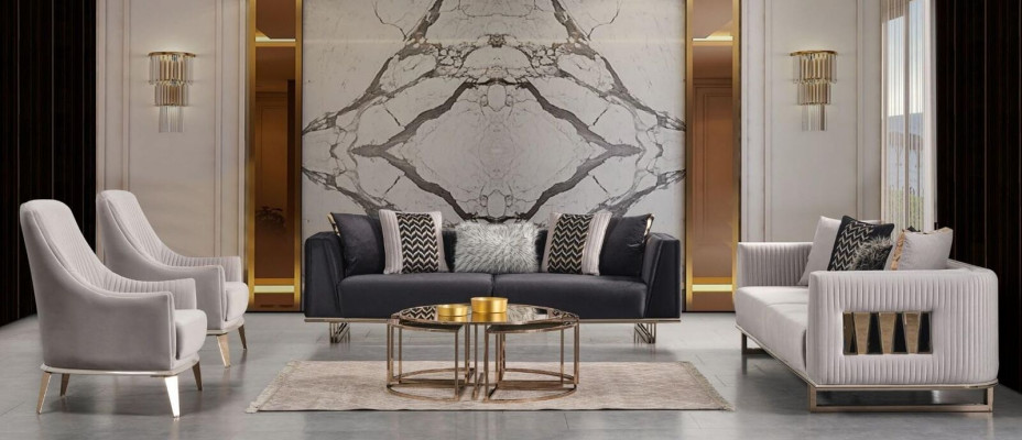 Sedačka Souprava Pohovka Třísedáčková Sada Křeslo Šedá látková sestava 3 kusy