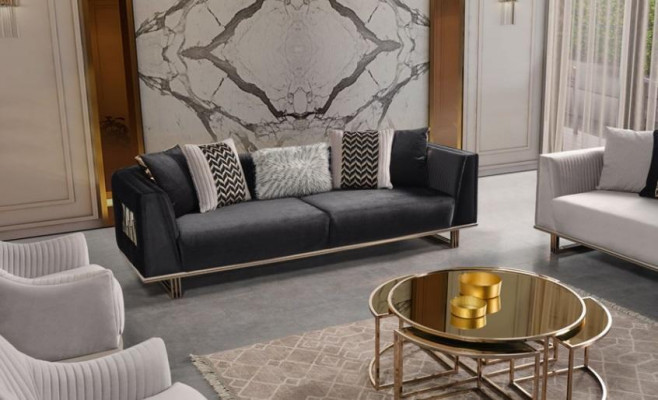 Sedačka Souprava Pohovka Třísedáčková Sada Křeslo Šedá látková sestava 3 kusy