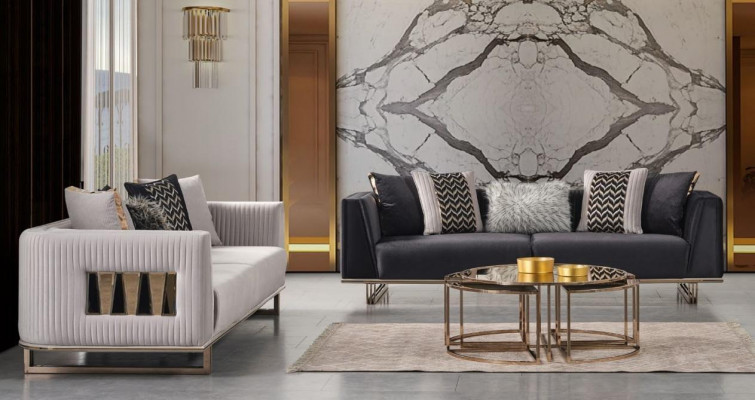 Moderní sedací souprava třímístná šedá modrá set 2 kusy designového pohovky