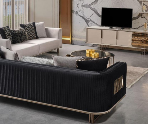 Moderní sedací souprava třímístná šedá modrá set 2 kusy designového pohovky