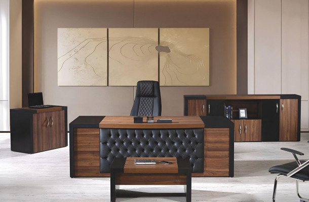 Kancelářský stůl, kancelářský nábytek, kompletní kancelář, psací stůl, sada 4 kusy, dřevo, hnědá, kancelář