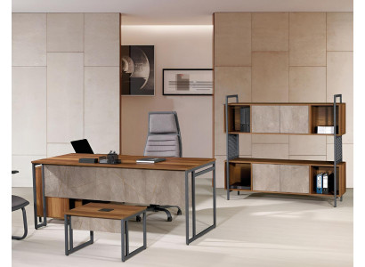 Klasický kompletní nábytek do pracovny hnědý rohový stůl 3 dílný dřevo