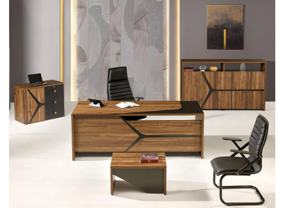 Kompletní nábytek do pracovny, psací stůl 4 díly, dřevo hnědá kancelářský nábytek.