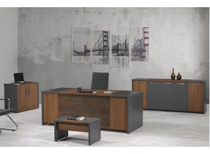 Kompletní kancelářský stůl, kancelářský nábytek, psací stůl, set 4 kusy dřevo hnědý kancelář.