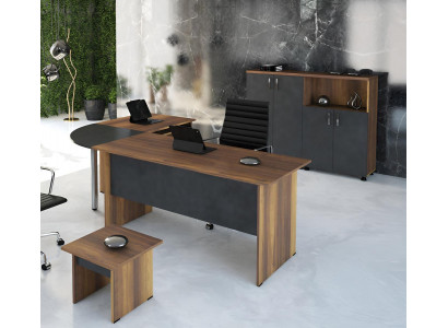 Klasický kancelářský nábytek, set 3 kusy, kancelářský stůl v rohu, kompletní kancelář, dřevo, šedá barva.