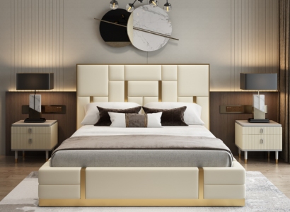 Bílá manželská postel ložnice Luxus dřevěný rám Designér nerezová postel