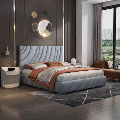 Šedá umělá kůže manželská postel Moderní postel ze nerezové oceli Luxusní dřevěná konstrukce