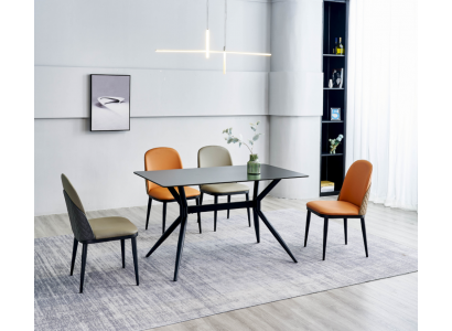 Jídelní sestava Designer Šedý jídelní stůl Oranžové židle 6x Křeslo 7dílná