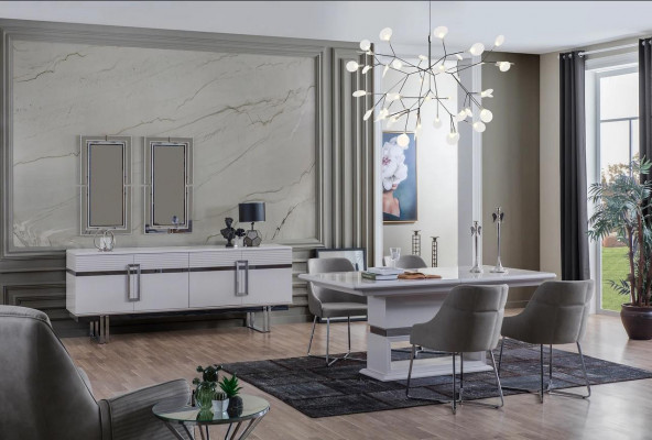 Design jídelní set stůl + 4x židle + kredenc s 2x zrcadly 8 dílný