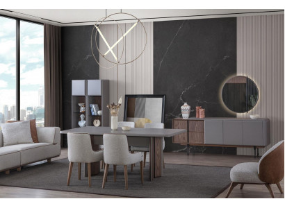 Jídelní set sestávající ze stolu, 4 židlí a příborníku s zrcadlem (7 kusů).