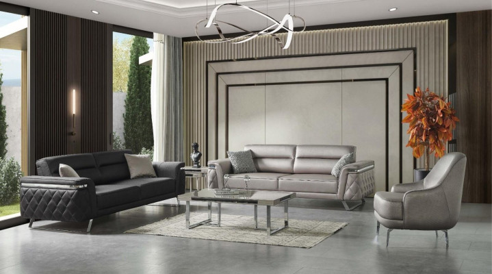 Luxus Sofagarnitur Dreisitzer Sessel Stoffsofa Grau Polstersofa Sofas