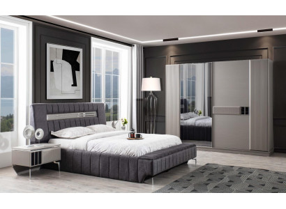 Ložní souprava manželská postel Nocní stolky 4 dílná šedá skříň