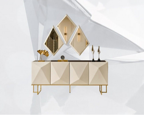 Garnitur Sideboard se zrcadlem skříň Anrichte Beige Kommode dřevo Set