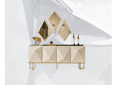 Garnitur Sideboard se zrcadlem skříň Anrichte Beige Kommode dřevo Set