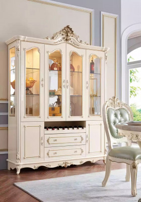 Bílá perlová jídelní sada jídelní stůl 6x židlí vitrína 8ks luxusní set.