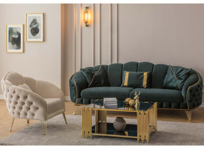 Kompletní obývací pokoj ve 3 kusech, elegantní třísedák, luxusní gauč a 2 křesla.
