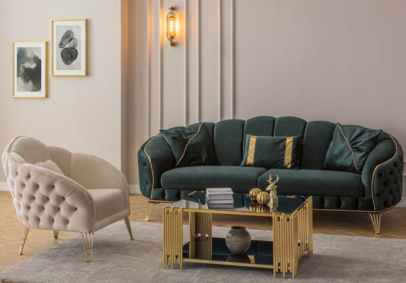Moderní Chesterfield zelená pohovka 3místná sedací souprava nová textilie kov