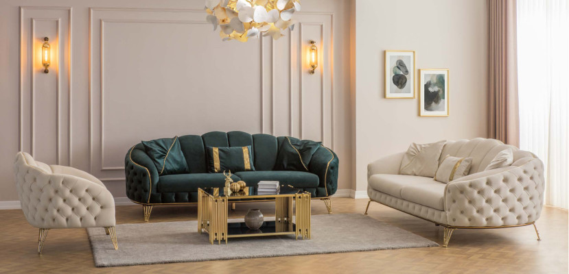 Moderní Chesterfield zelená pohovka 3místná sedací souprava nová textilie kov