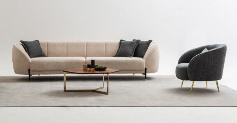 Moderní křeslo potahovaná pohovka 3místná béžová kvalitní designová textilní sedací souprava nová