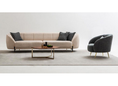 Moderní křeslo potahovaná pohovka 3místná béžová kvalitní designová textilní sedací souprava nová