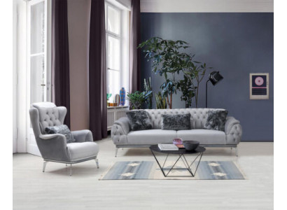 Obývací sestava 2 kusy - pohovka a stolička v moderním chesterfieldském designu z textilu.