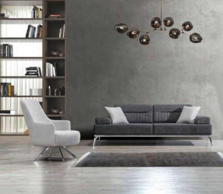 Obývací souprava 2 kusy - 3místná pohovka 1místný křeslo šedé bílé textilie materiál