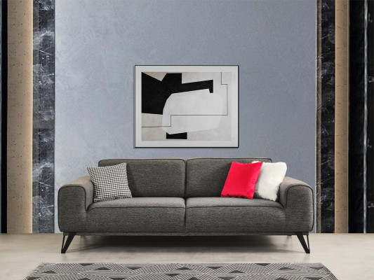 Šedá třísedadlová textilní pohovka moderního designu pro obývací pokoj, vyrobena z textilního materiálu.