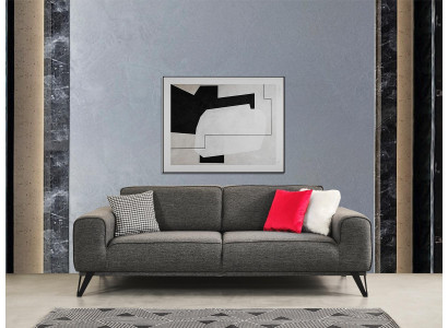 Šedá třísedadlová textilní pohovka moderního designu pro obývací pokoj, vyrobena z textilního materiálu.