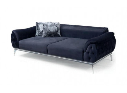 Černý design Chesterfield z textilního materiálu, moderní třímístná látková pohovka.