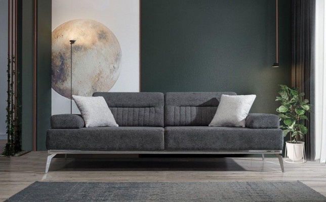 Šedá obývací pokojová sedačka pro 3 osoby, moderní luxusní design z textilního materiálu.