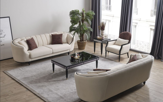 Bílý obývací pokoj Sada sofa set 3+3+1 Konferenční stůl Jídelní stůl 5 kusů