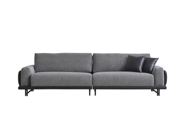 Šedá sedací souprava do obývacího pokoje s třemi sedadly, luxusní nábytek s designovým dřevěným rámem.