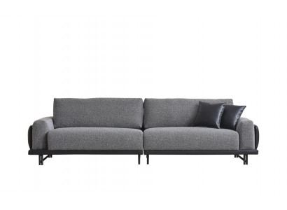 Šedá sedací souprava do obývacího pokoje s třemi sedadly, luxusní nábytek s designovým dřevěným rámem.