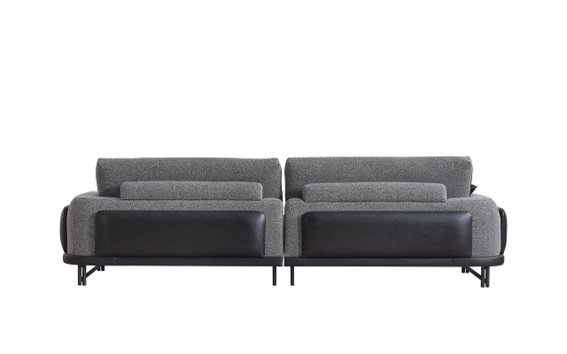 Šedá sedací souprava do obývacího pokoje s třemi sedadly, luxusní nábytek s designovým dřevěným rámem.