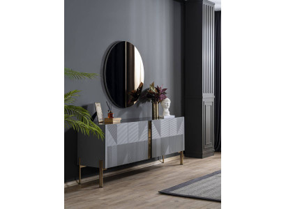 Černý jídelní pokoj, designérský sideboard luxusní kulaté zrcadlo 2 ks.