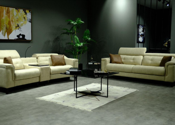 Béžová kožená sada sedacího nábytku designérských sedaček a dvousedadla, 2 části.