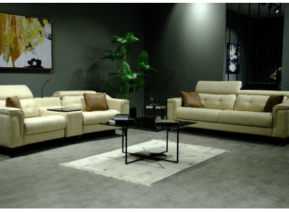 Béžová kožená sada sedacího nábytku designérských sedaček a dvousedadla, 2 části.