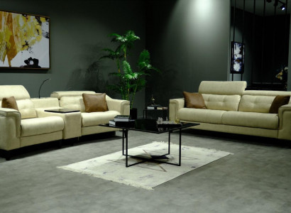 Béžová kožená sada sedacího nábytku designérských sedaček a dvousedadla, 2 části.