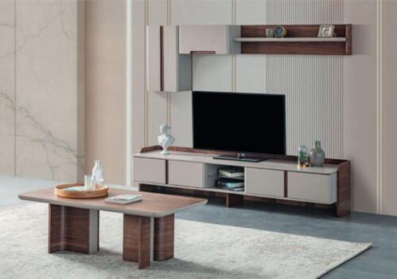 Elegantní stěnový nábytek do obývacího pokoje, designový televizní stojan z dřeva, konferenční stolek.