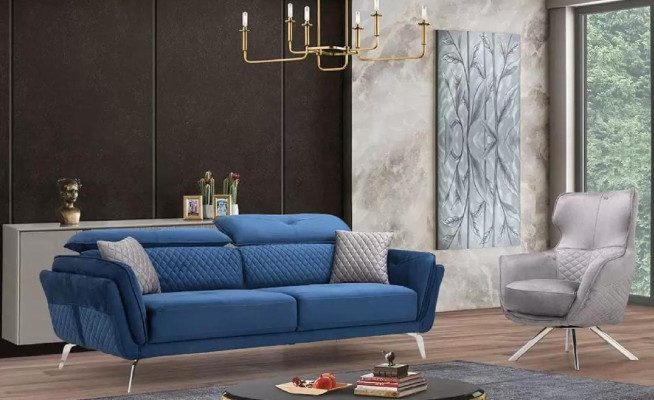 Exkluzivní sedací souprava Modrá třímístná sedačka Designer křeslo Čalouněný nábytek