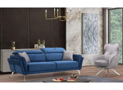 Exkluzivní sedací souprava Modrá třímístná sedačka Designer křeslo Čalouněný nábytek