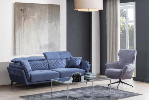 Exkluzivní sedací souprava Modrá třímístná sedačka Designer křeslo Čalouněný nábytek